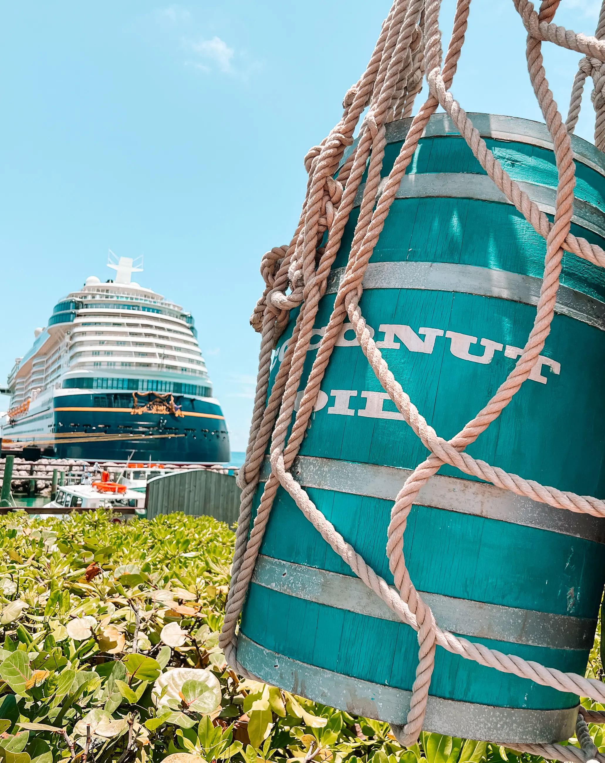 Disney Wish cruise ship docked beside a colorful port barrel
